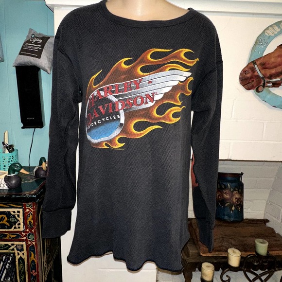 VINTAGE 1992 HARLEY THICK THERMAL LONG SLEEVE TEE TOP 2 SIDED UNISEX - Picture 1 of 9